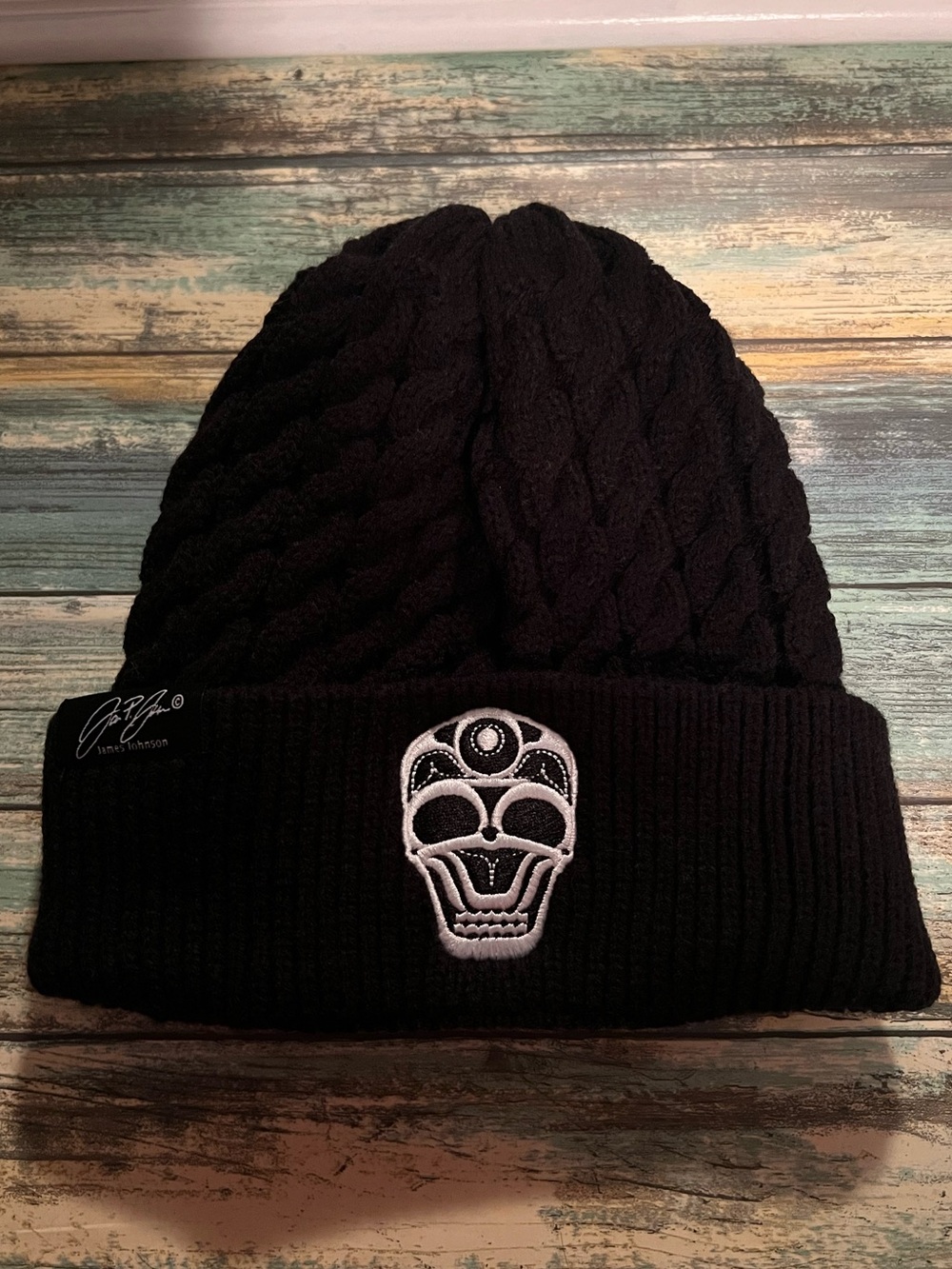 ✨ Oscardo James Johnson Indigenous Art Skull Braided Cable Knit Beanie ✨